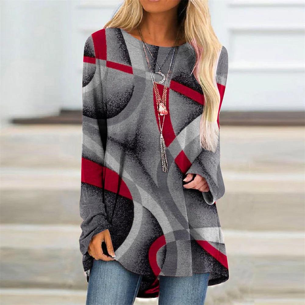 Farbblock Geometrie T-Shirts 3D gedruckt Damenmode Langarm T-Shirt Übergroße Streetwear Frau Tunika Tees Tops Kleidung