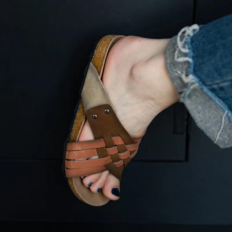 

Fashion Vintage Woven Colorblock Open Toe Slippers Outside Platform Round Toe Open Toe Rivet Versatile Beach Slippers 35