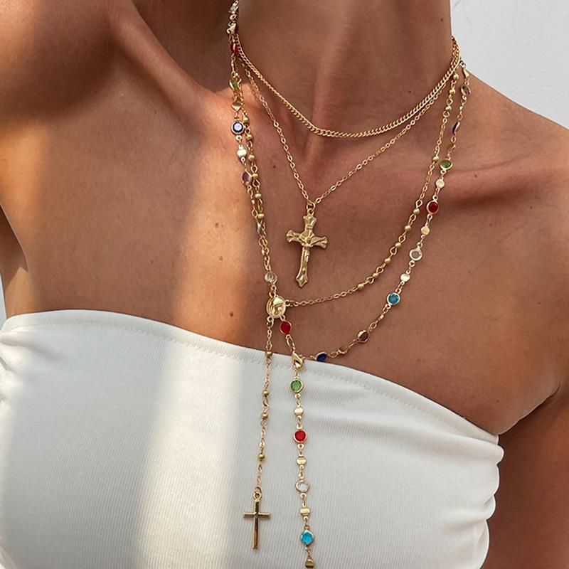 Luxury Rhinestone Cross Pendant Necklace For Women Girls Vintage Colorful Long Y-Shaped Necklace Hip Hop Party Body Jewelry Gift