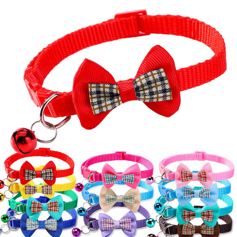 Cute Plaid Bow Tie Pet Collar Adjustable Polyester Dog Cat Necklace Bell Charm Colorful Checkered Design Winter/Spring Summer