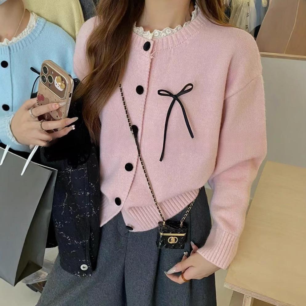 Korean Lace Round Neck Knit Cardigan with Bow - Women's Early Autumn Top