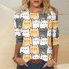Spring and Autumn Round Neck 3D Cute Cat Printed Top Fashionable Casual Long Sleeved Women's T-shirts