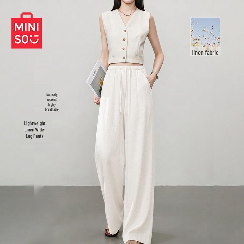 MINISO Women's Linen Blend High-Waist Wide-Leg Pants