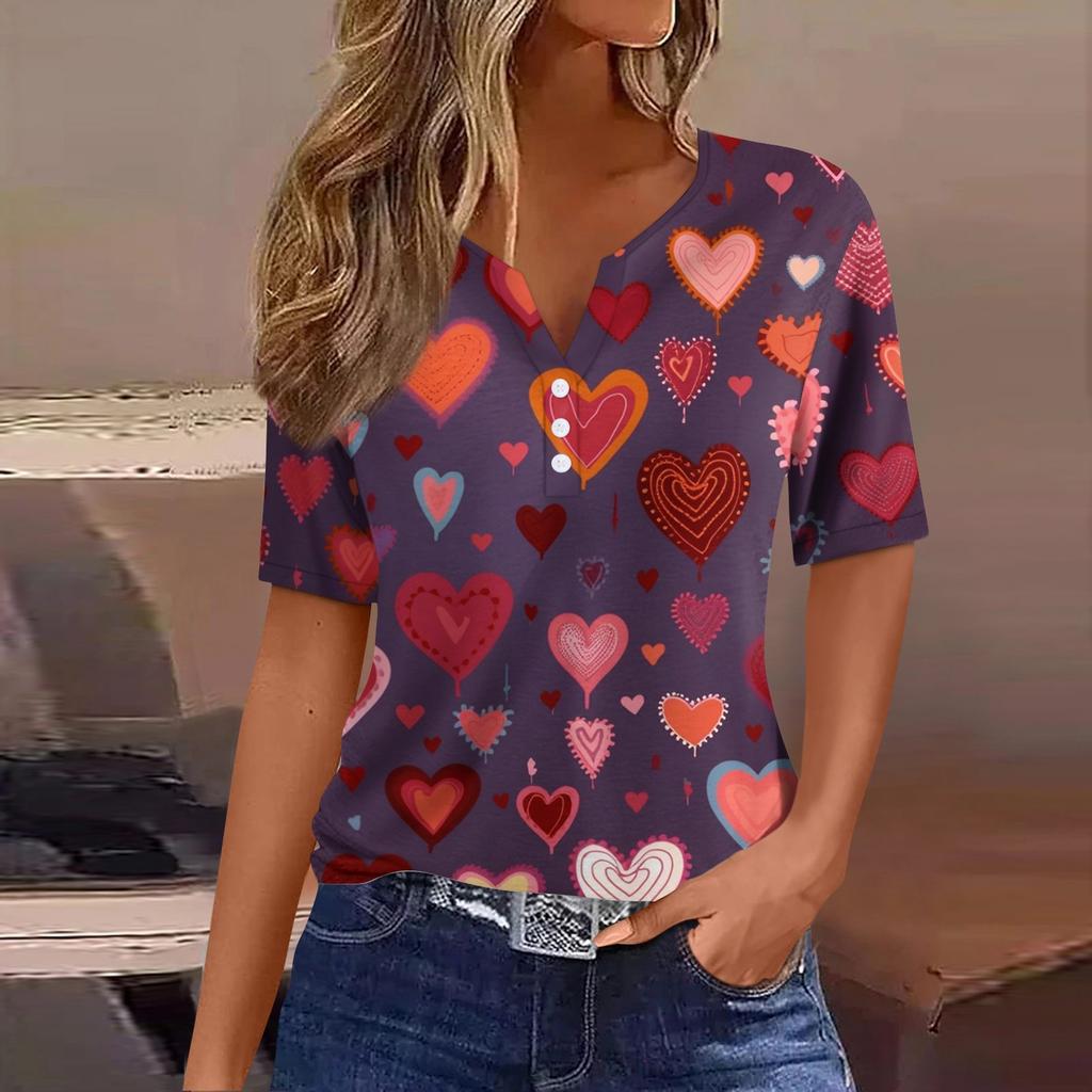 Damen T-Shirt mit Aufdruck zum Valentinstag, Knopfleiste, kurzärmelig, für den Alltag, Wochenende, Basic, V-Ausschnitt, normales Oberteil