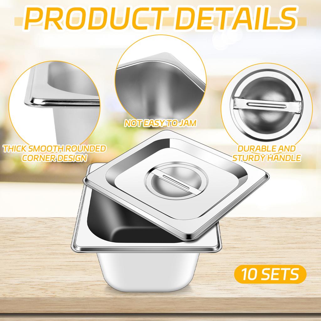 10 Set 1/6 Size Stainless Steel Hotel Pans With Lids 4" Deep Steam Table Pan Food Pan Lid With Handled Catering Food Storage Met