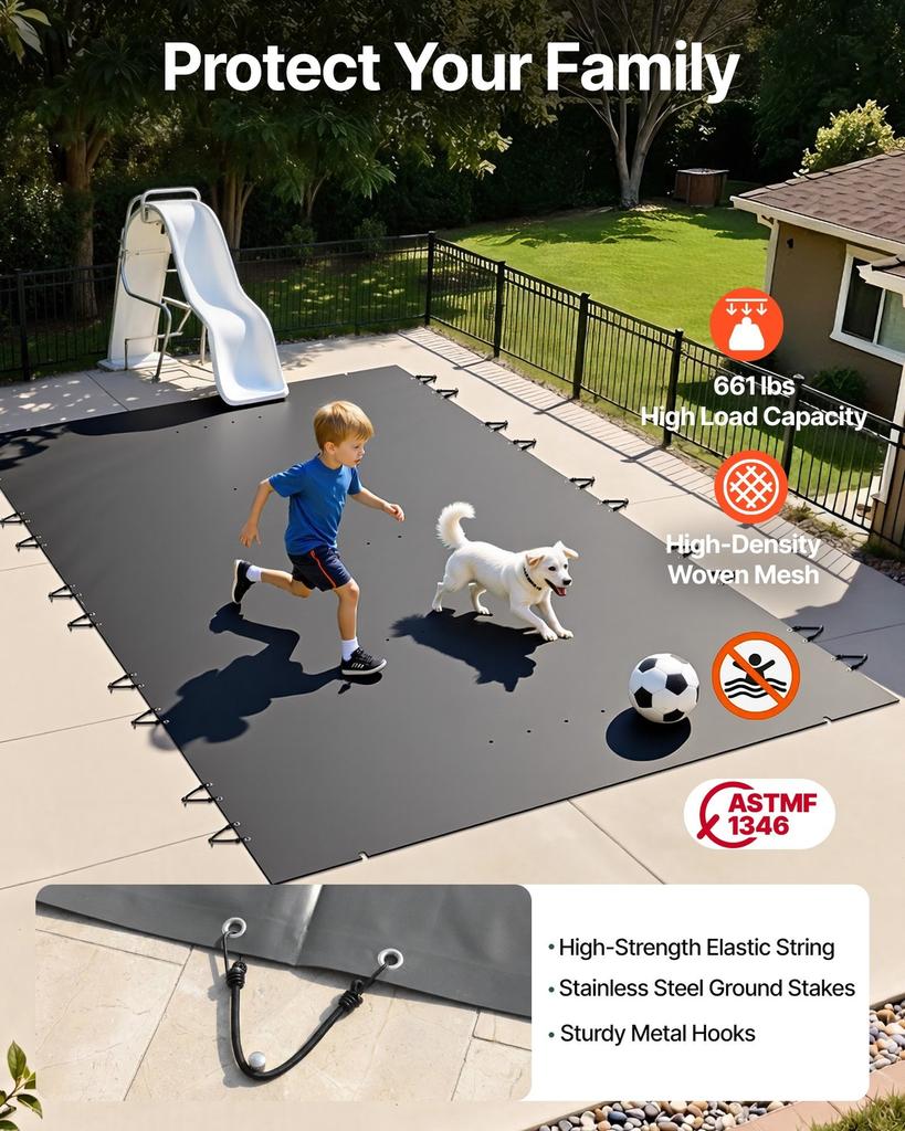 Pool Safety Cover, 13x23 ft In-ground Pool Cover, Charcoal PVC Pool Covers, Rectangular Safety Pool Cover Winter Pool Cover Solid Safety Pool Cover