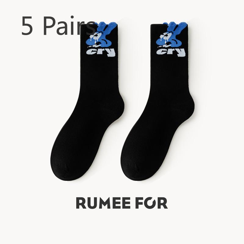 5 Pairs of Female Spring and Autumn Deodorant Sweat Absorbing Cute Preppy Cartoon Tube Cotton Socks