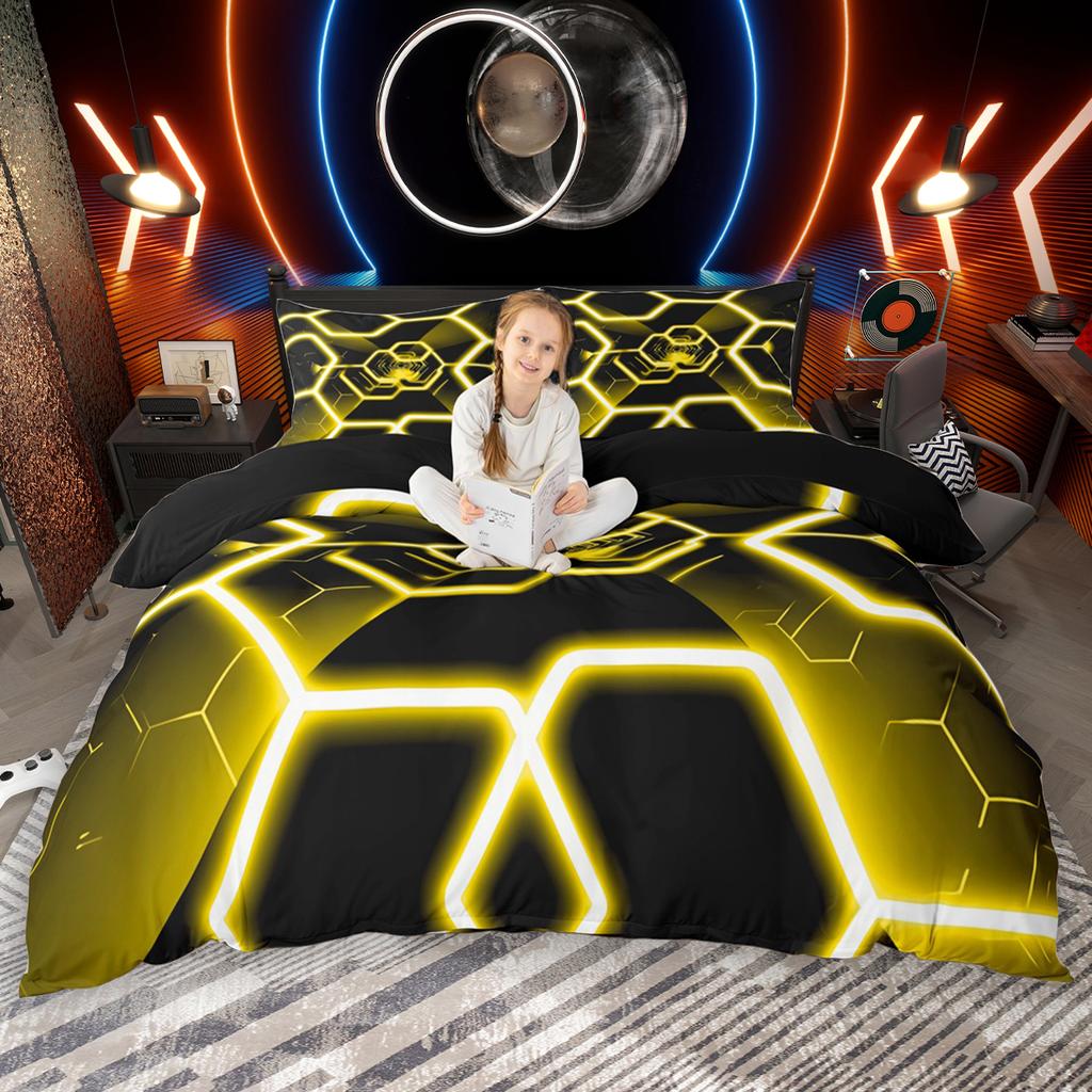 Homewish Gradient Voštinový povlak na přikrývku Set 2ks/3ks, Neonové světla Šestiúhelníkový ložní set, Černý geometrický set povlaku na přikrývku