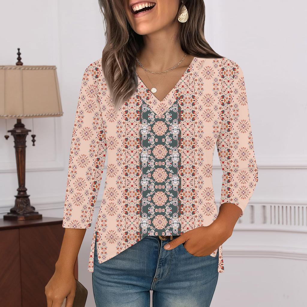 3/4 Sleeve Shirts For Women  Print Graphic Tees Blouses Casual Plus Size Basic Tops Pullover