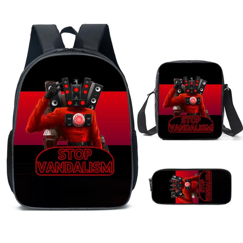 Toilet Man Backpack Trendy Backpack European and American Retro Schoolbag Cartoon Backpack Three-piece Set