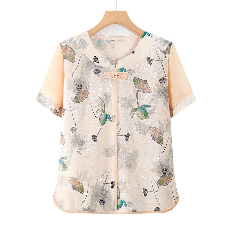 

National Style Summer Short Sleeve T-shirt for Middle-Aged Women - Elegant Chinese-Inspired Design XL (suggested 45-52.5 kg) зелений