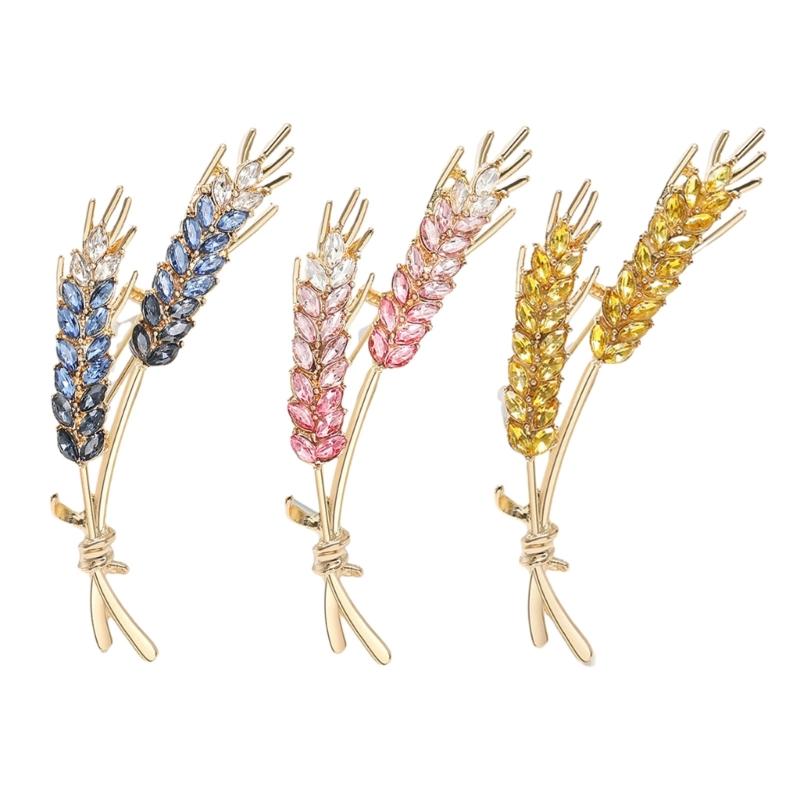 Minimalist Wheat Ear Lapel Brooch Unique Wheat Brooch Blue/Yellow/Pink Color Crystal Pins for Parties Dates Daily Wear