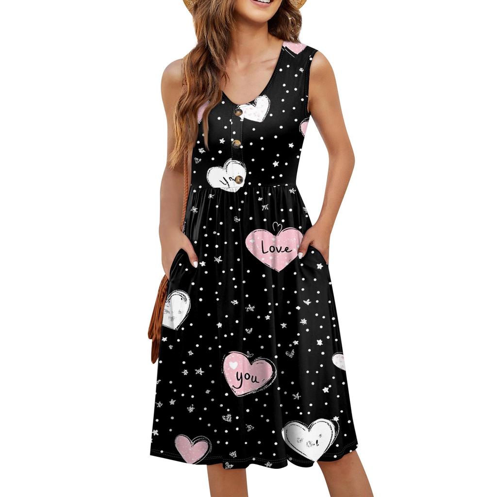 Women's Casual Fashion Sexy V-Neck Button Decoration Sleeveless Valentine's Day Tunic Dress