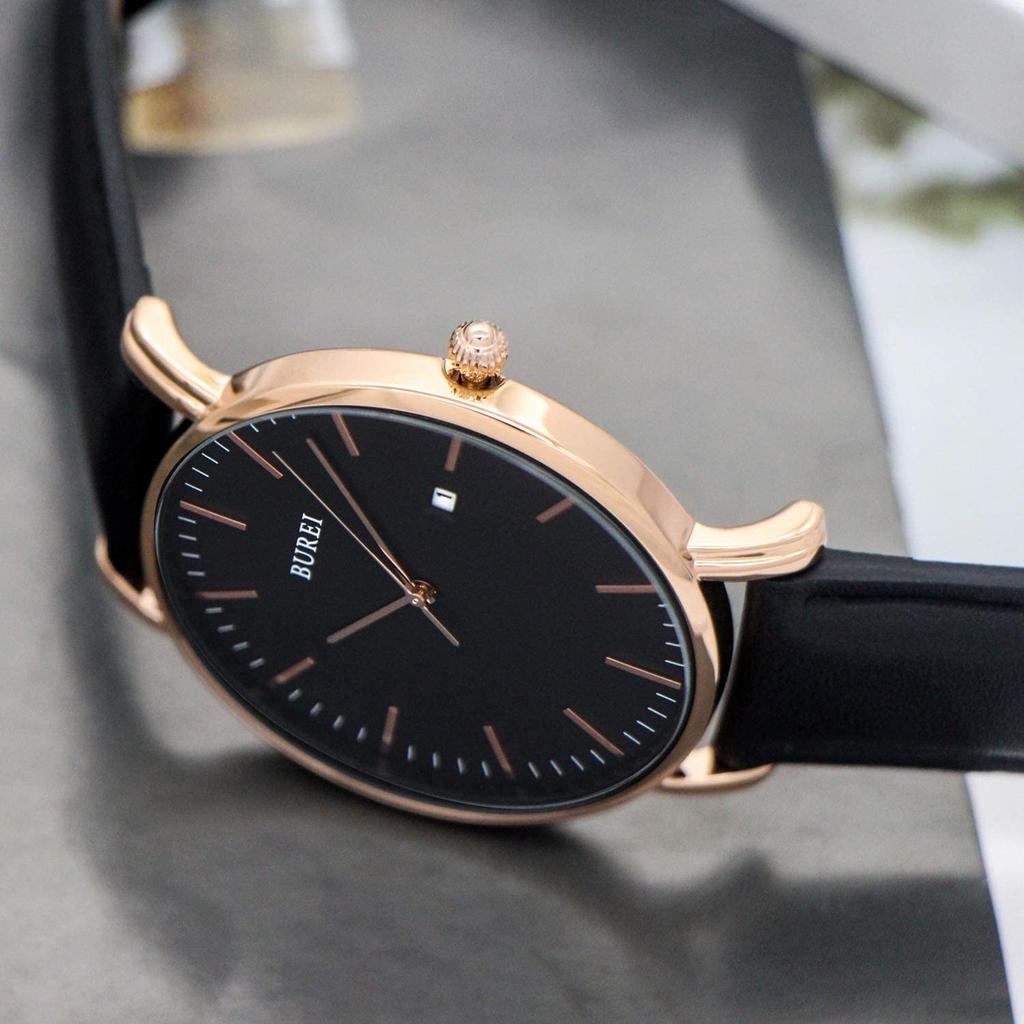 BUREI Men's Watch, Simple, Stylish, Popular Brand, Ultra-Thin, Lightweight, Business, Analog, Quartz Movement, Date Display, Waterproof, Leather, Rose