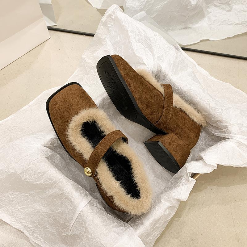 

Vintage Platform Thick Sole Women Fur Lining Mary Jane Shoes Fashion Slip On Shoes Ladies Dress Thick Heel Warm Cotton Shoes 35 коричневий