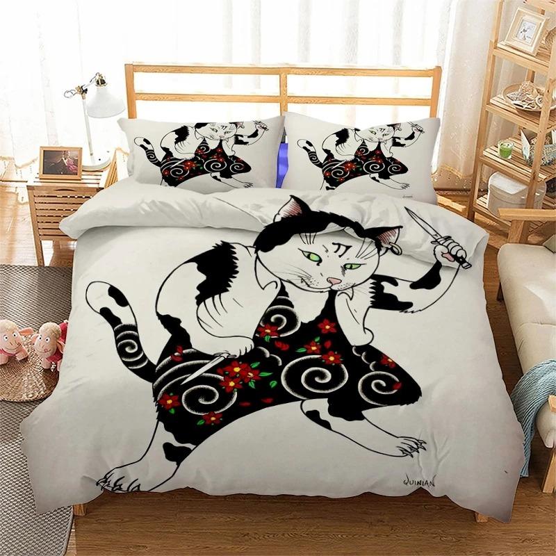 

Комплект постельного белья с 3D-принтом «Татуировка самурая и кота» Пододеяльники Наволочки Цельный стеганый плед Комплекты постельного белья Кровать K580 EU Double(200x200cm)
