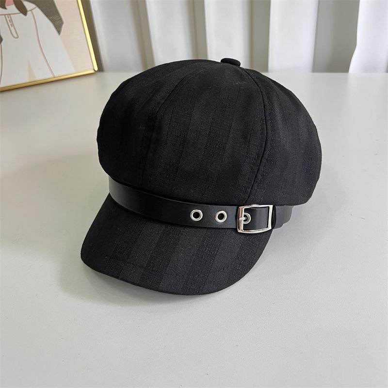 

Восьмиугольная шляпа женская с дизайном пряжки ремня, модная и универсальная, подчеркивающая лицо, маленький берет, литературная тонкая шляпа художника, тренд M（56-58cm） чёрный