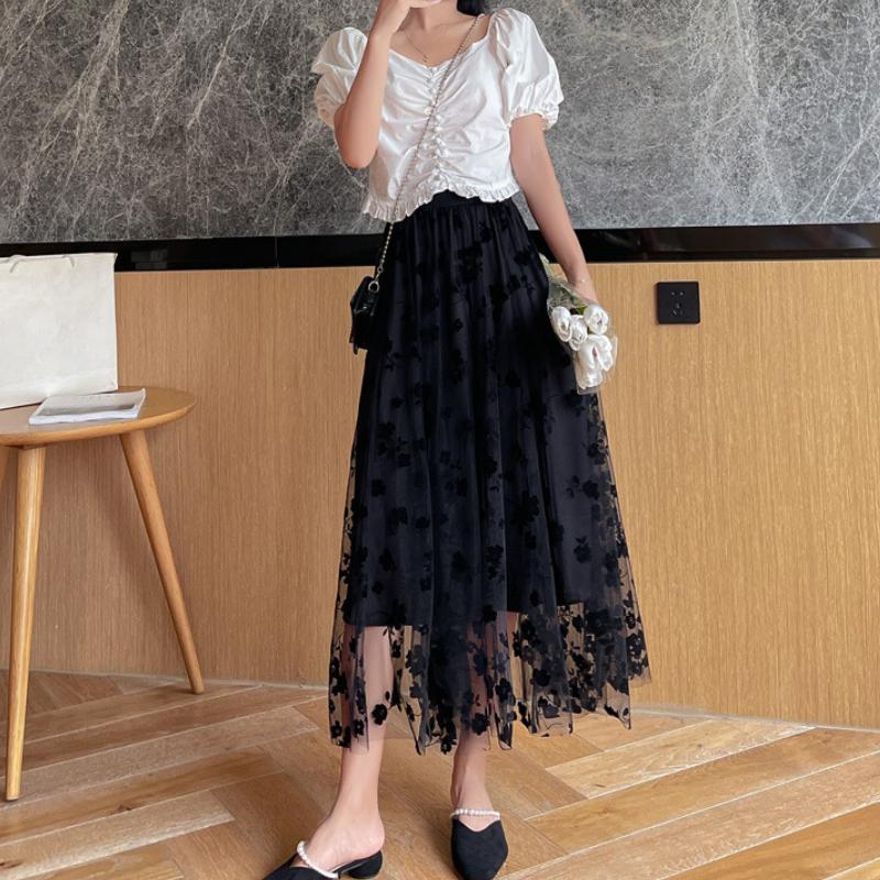 Women's Spring and Summer Mid-Length Skirt High-Waisted A-Line Flared Floral Tulle Half Skirt