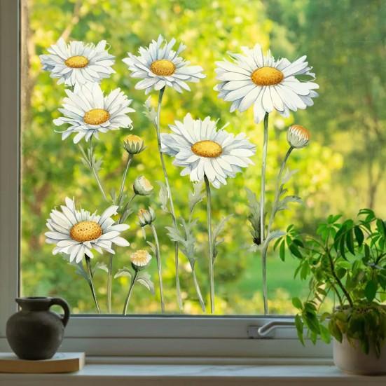 Bílá květinová fólie na okno Odnímatelná vodotěsná PVC květinová statická skleněná nálepka Jarní dekorace okna pro domácnost, kancelář, obývací pokoj