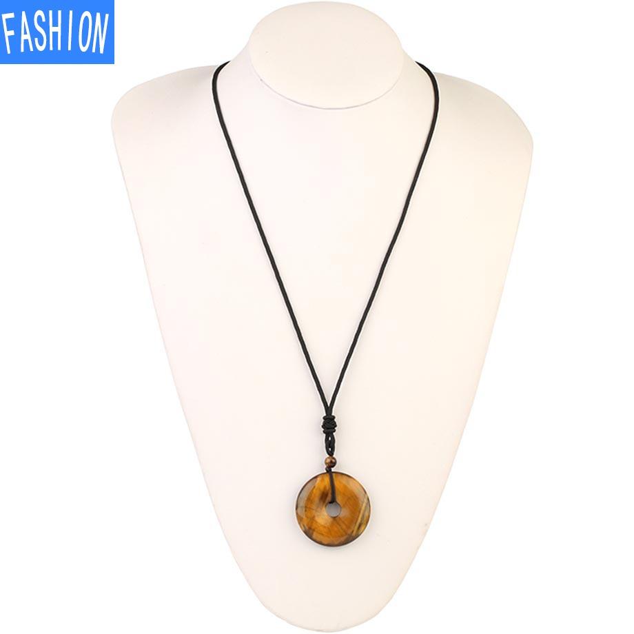 Creative European And American Natural Stone Nostalgic Concentric Ring Safety Clasp Pink Crystal Sweater Necklace