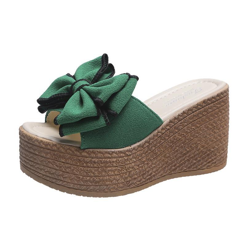 New Summer Women's Plus Size Bow Chunky Sole Wedge Platform One Strap High Heel Casual Outdoor Slide Sandals