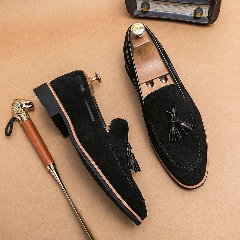 Soft Loafers Black Flat Men's Leather Shoes with Tassels Suede Male Casual Shoe Moccasin Pointed Toe Common Low Price Adults Pu