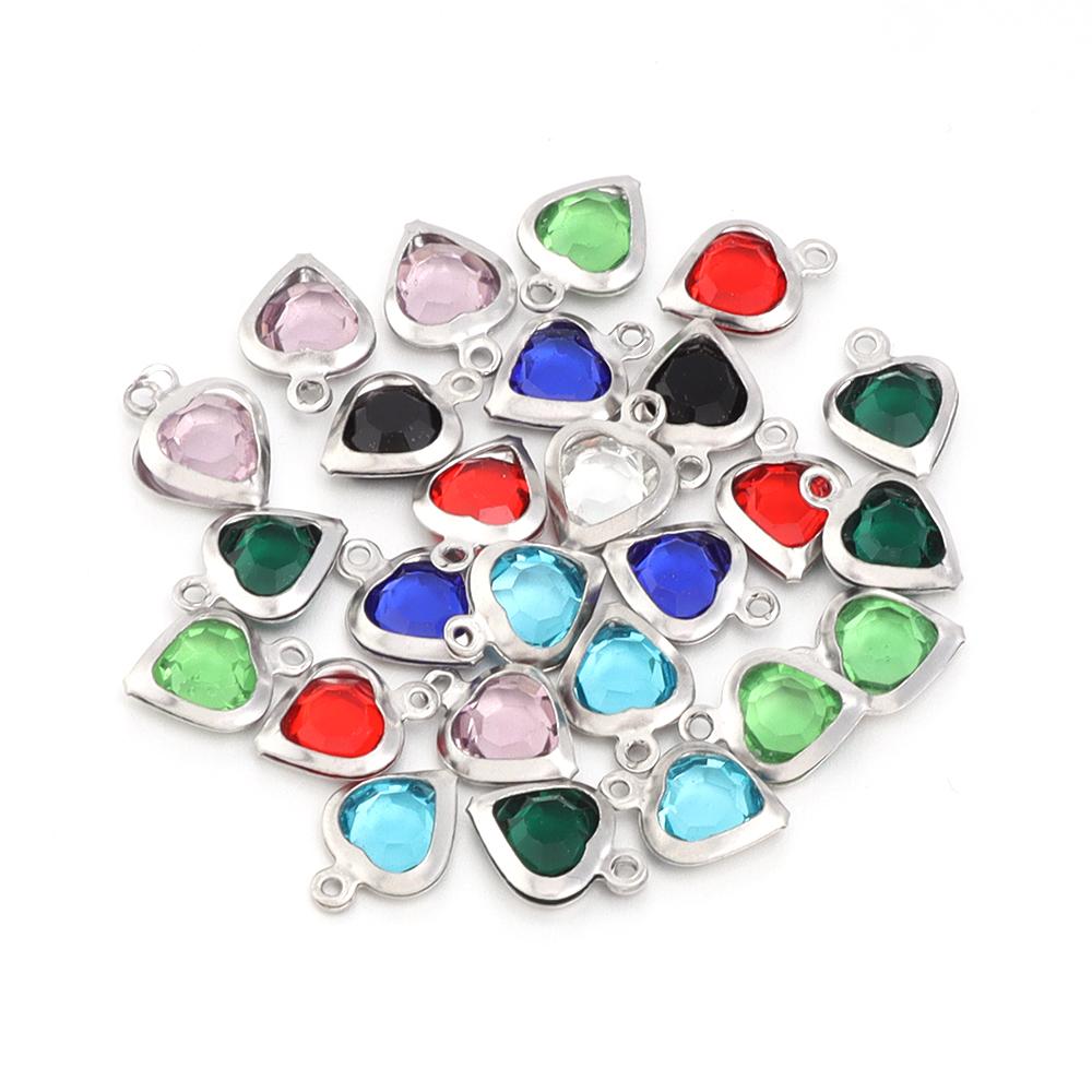 10pcs/lot Color Heart Crystal Charms Stainless Steel Edged Pendants for DIY Necklace Earring Bracelet Jewelry Making Accessories