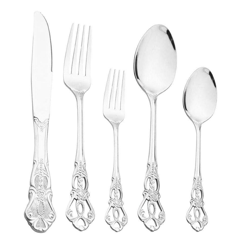 

5 шт. винтажные столовые приборы в стиле вестерн с гравировкой, обеденный нож, вилка, набор ложек, роскошная посуда, набор посуды для свадебной вечеринки золотой