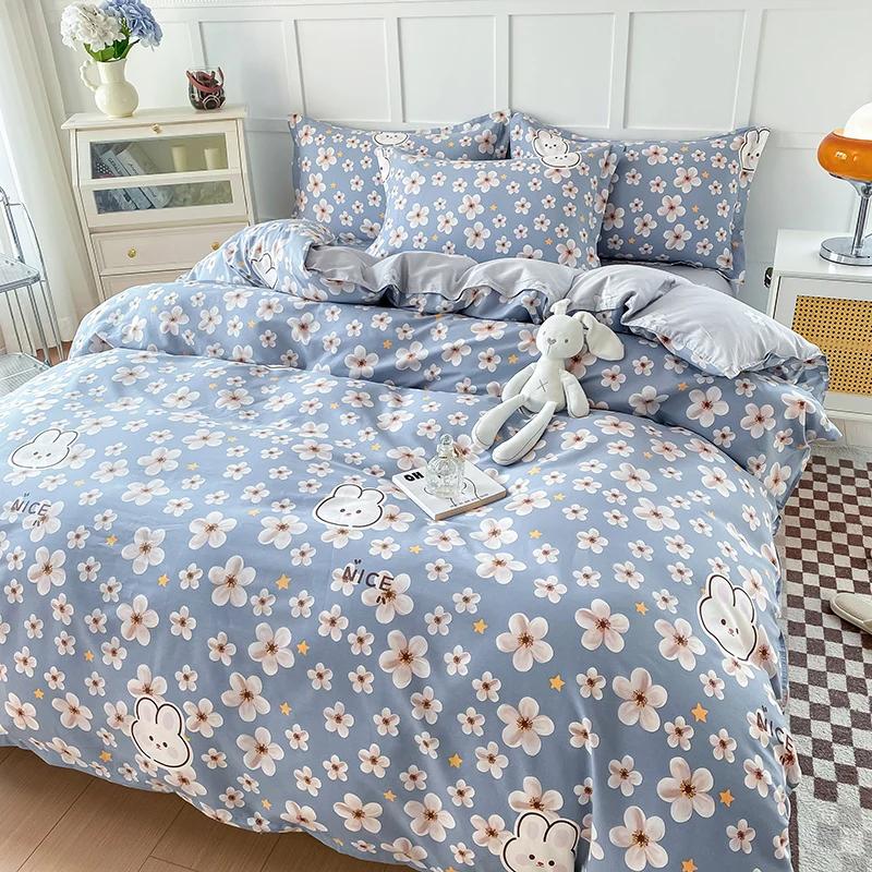 Floral Plants Duvet Cover Set 100% Cotton 3Pcs Blue Quilt Cover with 2 Pillowcases Skin-friendly Soft Bedding Set for All Season