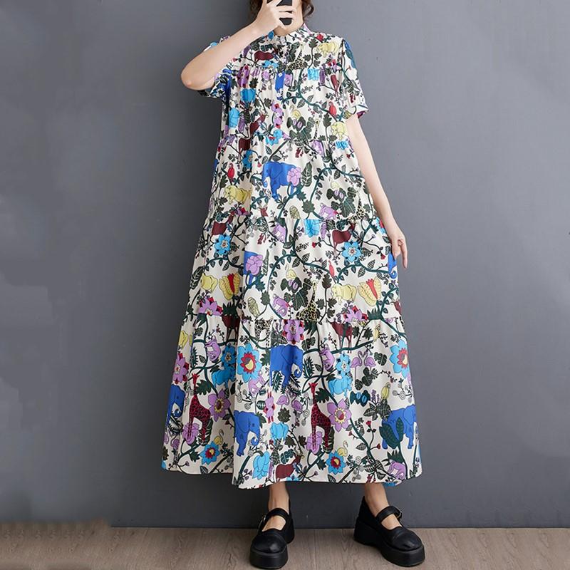 

Новое винтажное платье с цветочным принтом больших размеров с коротким рукавом для женщин, повседневное свободное длинное летнее платье