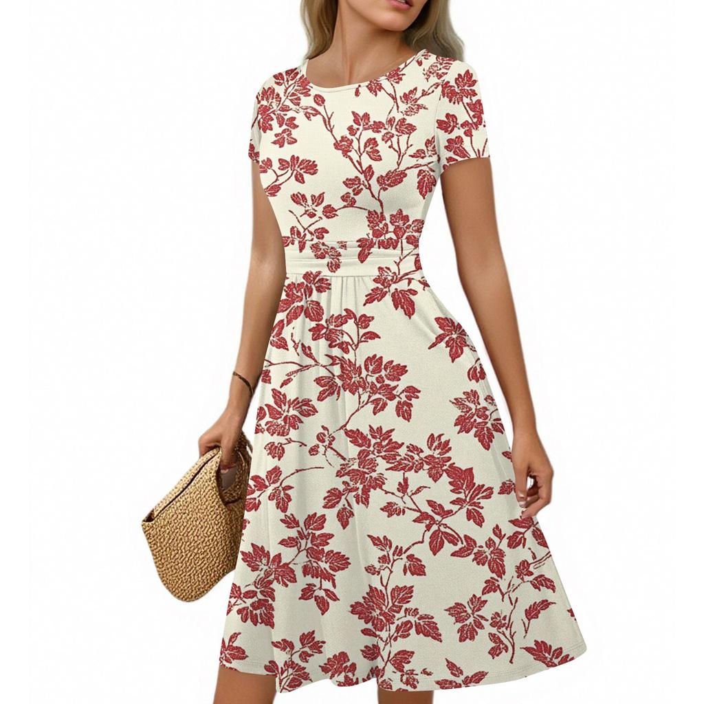 Damen Freizeitmode Rundhals Plissee Kurzarm Retro Floral A-Linie Midi Kleid