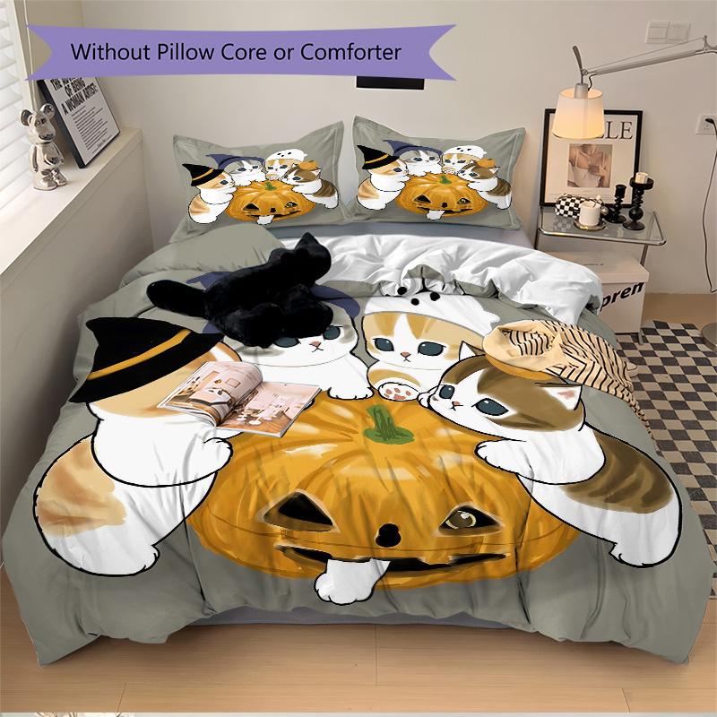 3pcs Halloween Kitties Quilt Cover Set - Soft & Comfortable Polyester Fabric, All-Season Breathable Comforter Set For 1 Quilt Cover & 2 Pillowcas