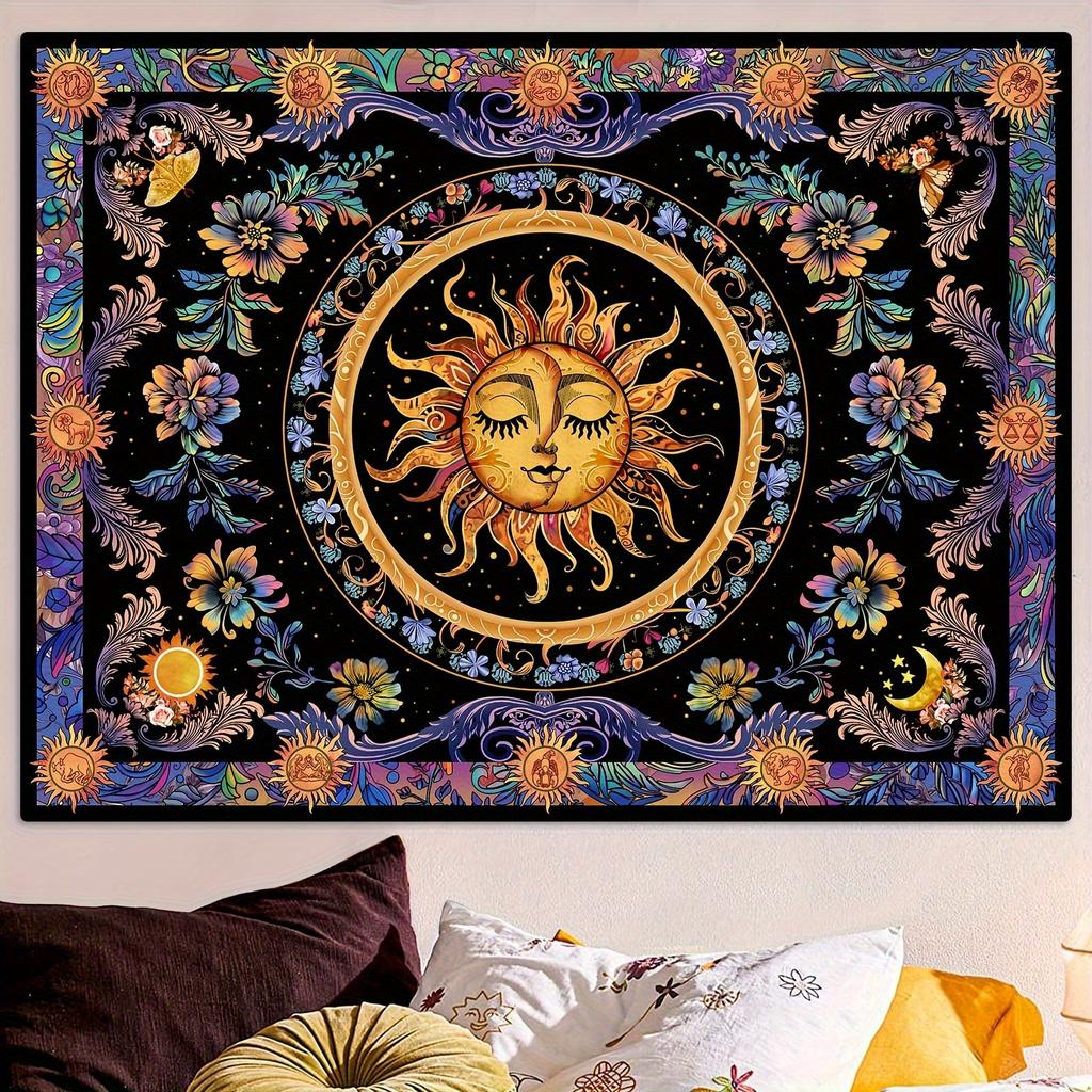 1pc Bohemian Psychedelic Sun and Moon Tapestry Wall Hanging - Polyester Fabric for Living Room Bedroom Decoration