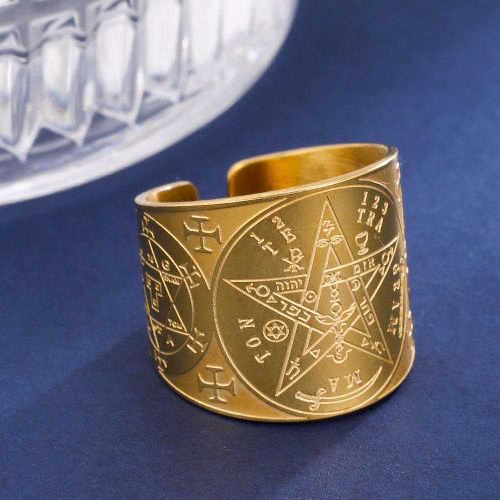 COOLTIME Pentagram Men Ring Stainless Steel Tetragrammaton Amulet Solomon Wiccan Jewelry for Protection