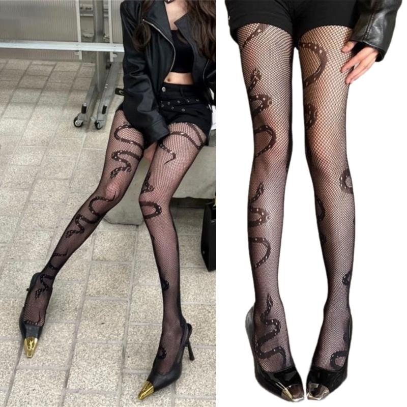 Women's Fashionable Mesh Pantyhose Hollowout Snake Pattern Elastic Waist Soft Nylon Tights For Daily Office Wear Outfit