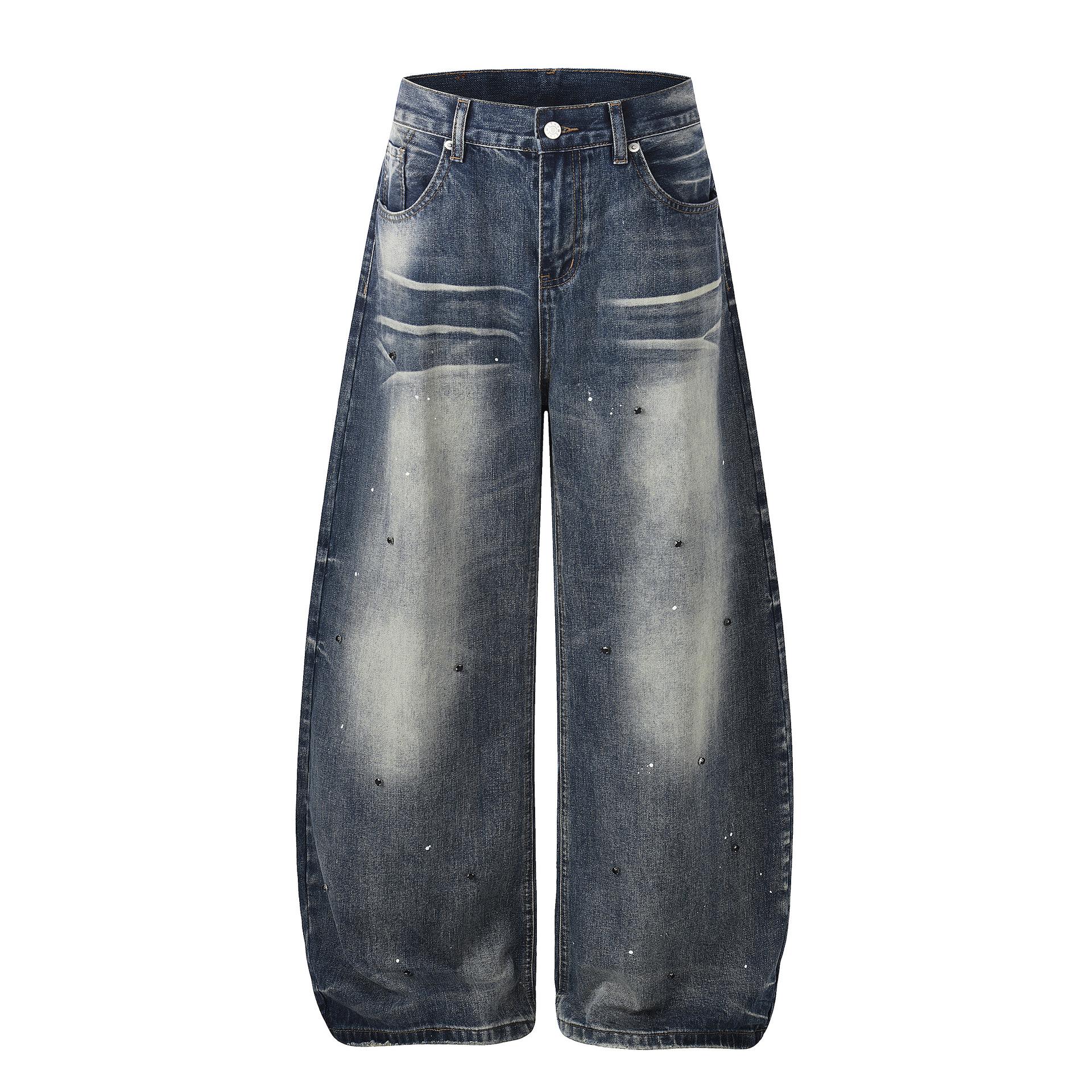 European, American retro washed old scimitar jeans loose nail drill fashionable wide-leg pants men S