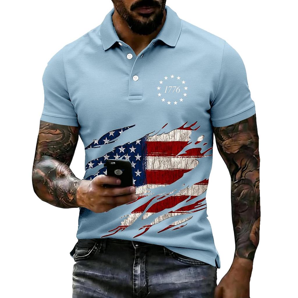 Men's Loose Fit Casual Polo Shirt Short Sleeve Flag Print 1776 Graphic Design Button Collar Summer Top