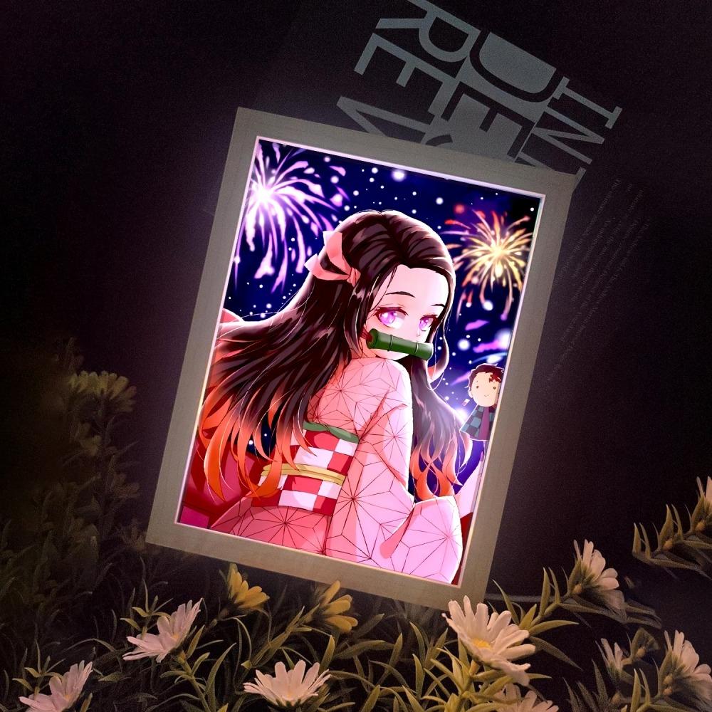 Anime Světelné Malování Měsíční Lampa Kyojuro Rengoku Kimetsu Demon Slayer LED Fotorámeček pro Pokojové Nástěnné Umění Hoom Deco No Yaiba Dárky
