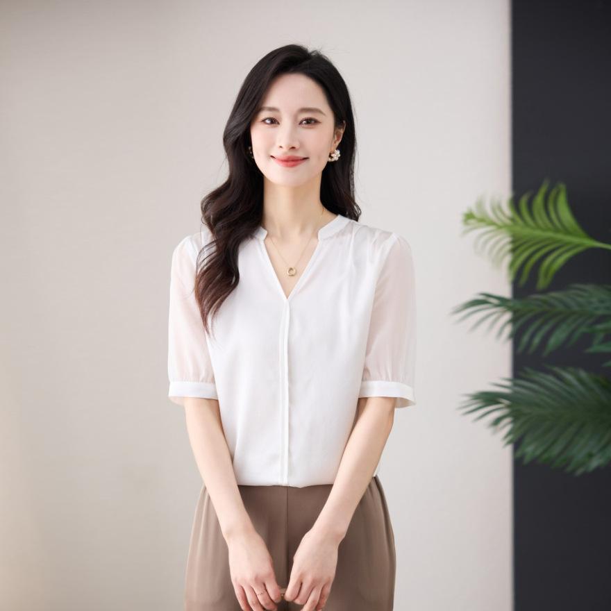 Silk Shirt Women's Fashion Short-sleeved Top Summer New V-neck Loose Mulberry Silk Shirt