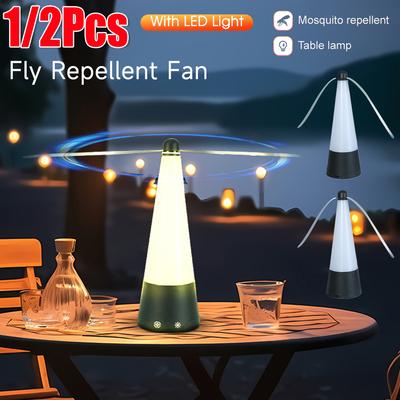 Fly Fan for Tables Keep Flies Away Fly Repellent Fan with Holographic Blade LED Light Table Top Bug Repellent Fan for BBQ Picnic