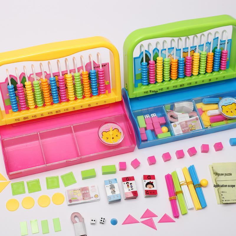 Multifunctional Math Learning Set: Counting Coins, Arithmetic Rack, Blocks, Tangram, Counting Sticks Teaching Aids Counter Learning Aids Box