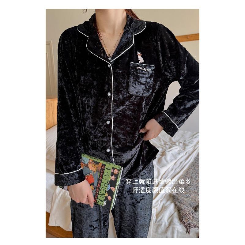 

1 Комплект пижамы из люксового бархата, новинка осени и зимы, кардиган с лацканами с длинными рукавами, мягкая, приятная к коже домашняя одежда, комплект из двух предметов XL (116-70kg)