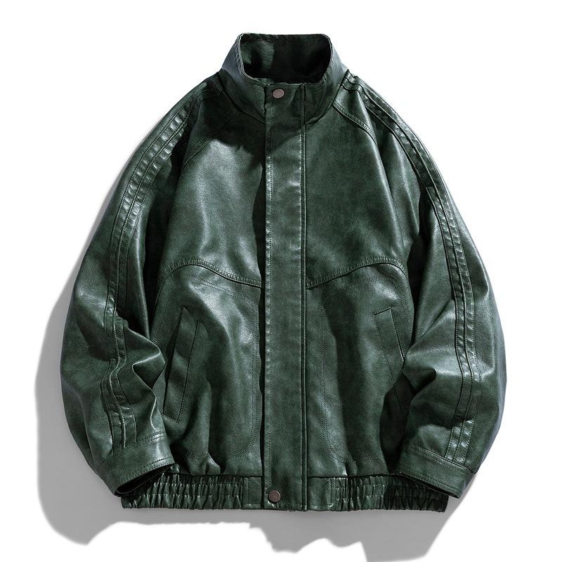 New Fattened Plus Size Leather Jacket Men's PU Leather Tooling Large Size Leather Jacket Men's Stand-Up Collar Locomotive Douyin Cross
