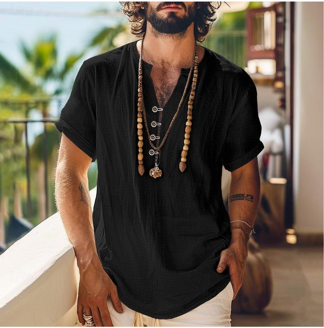 

Мужская рубашка лен летняя с коротким рукавом однотонная лидс повседневная одежда на пуговицах футболка XXL чёрный