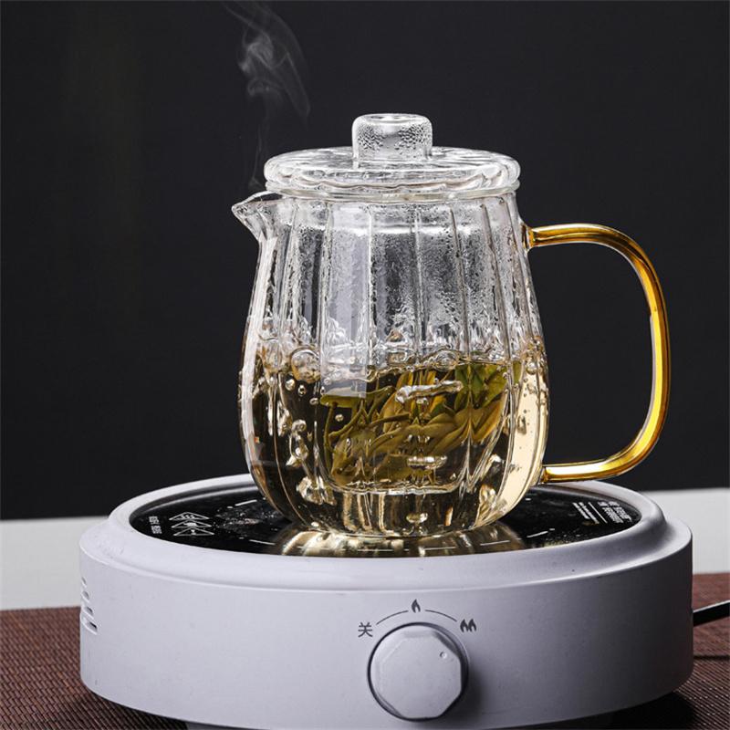 Heat Resistant Stripe Glass Teapot with Infuser Borosilicate Glass Tea Pot Stovetop Safe for Blooming Tea, Loose Leaf Tea