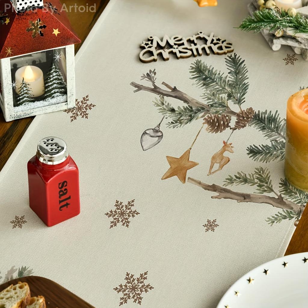 1 Piece Christmas Pine Snowflake Decorated Table Runner Seasonal Winter Kitchen Dining Home Party Decoration