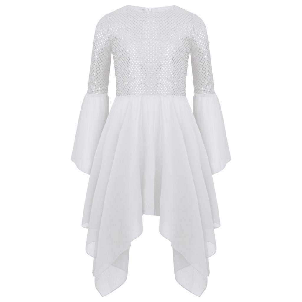 Girls Liturgical Dance Dress Shiny Sequins Patchwork Round Neck Flared Sleeve Asymmetrical Hem Performance Tunic