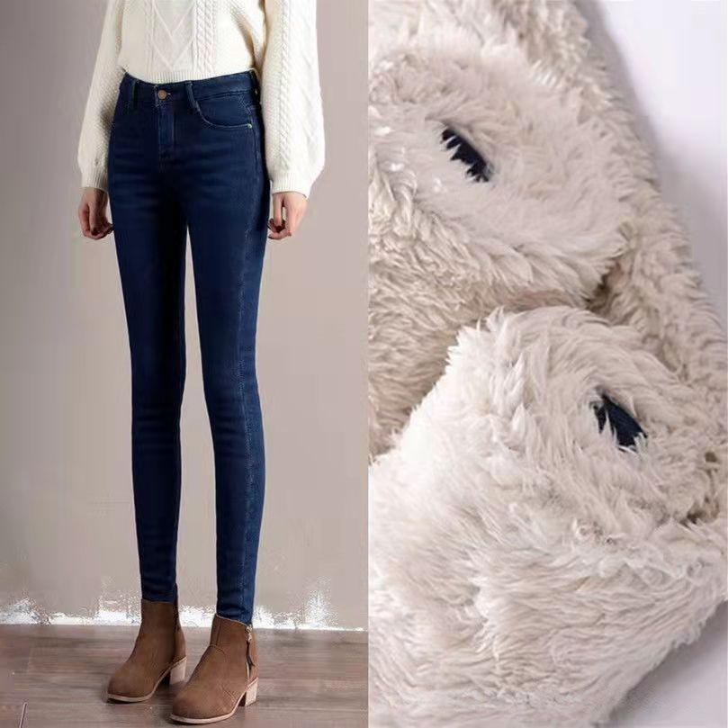 

High-Waisted Fleece-Lined Lamb’s Wool Jeans for Plus Size - 2025 Winter Style Pencil Pants Size 27 [45-50 kg]