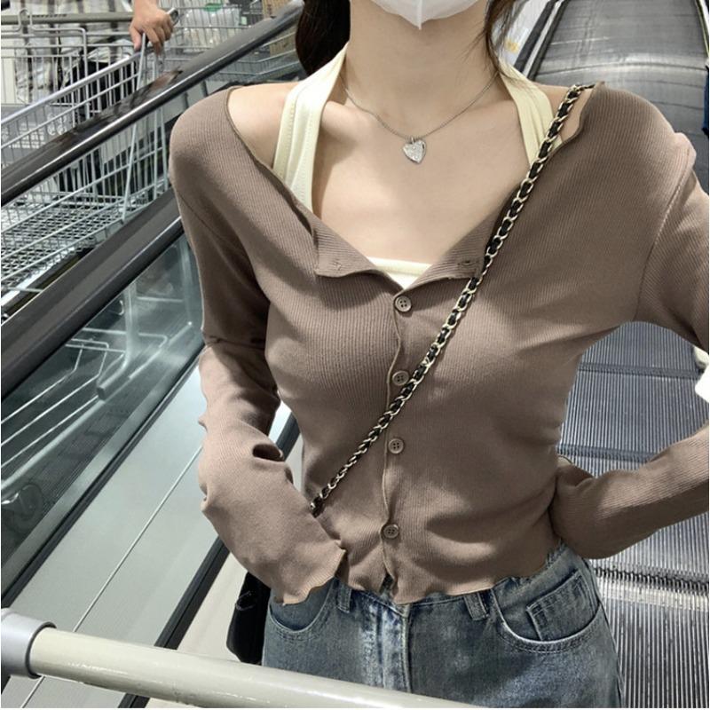 Autumn New Style Pure Want To Hang Neck with The Design Sense of Fake Two Long-sleeved T-shirt Female Student Base Shirt Top