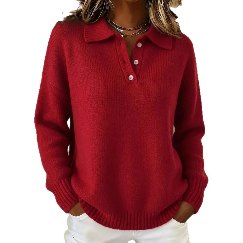 Red Polo Collar Long Sleeve Knit Sweater
